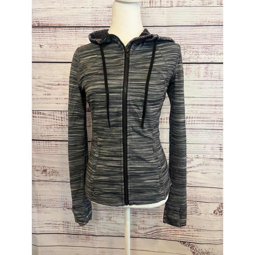 Lululemon Hooded Define Jacket grey white striped Front zip Size 6